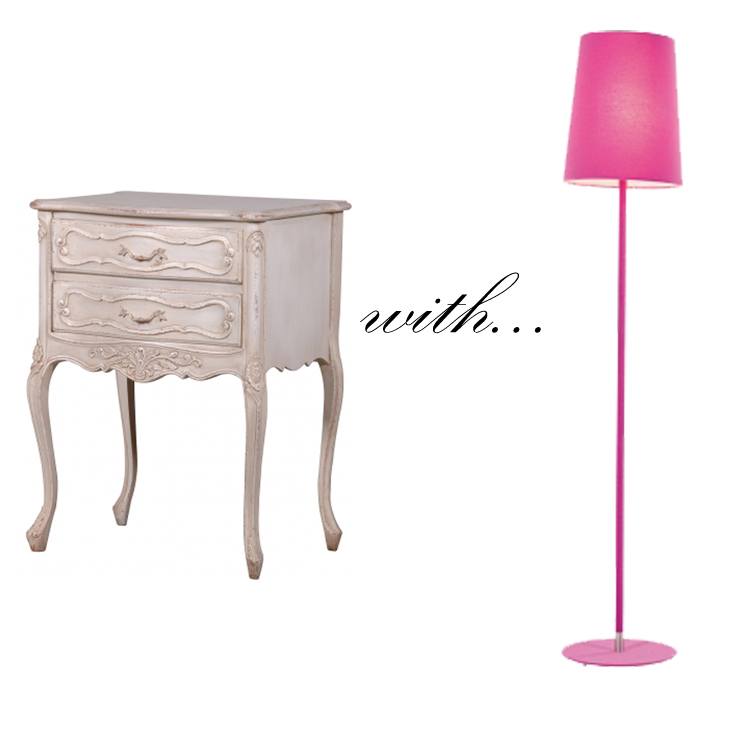 Delphine Distressed Painted Bedside Table & Busy Lizzie Fuchsia Floor Lamp