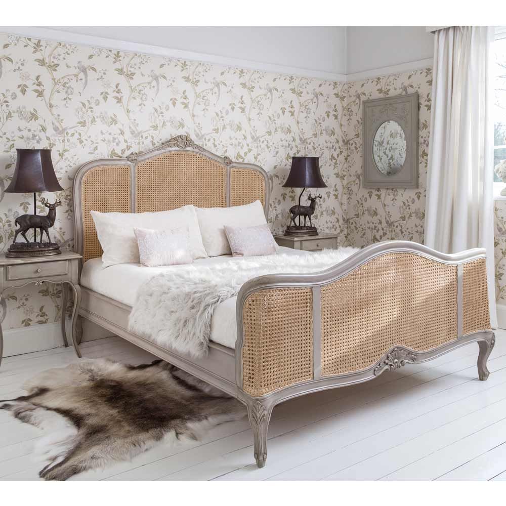 Normandy Rattan Painted Luxury French Bed. French Style Pale Stone and Natural Rattan Handmade Bed. As featured on BBC's Fleabag (Series 2, Episode 4)
